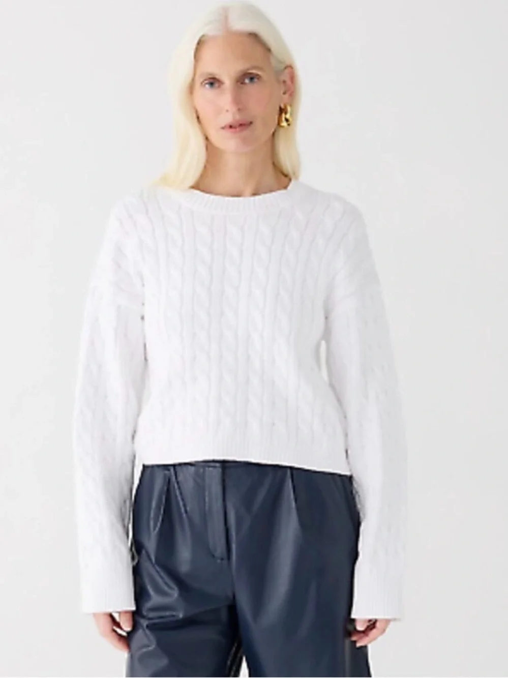 J. Crew Cropped White Cable Knit Crewneck Sweater Ribbed Small